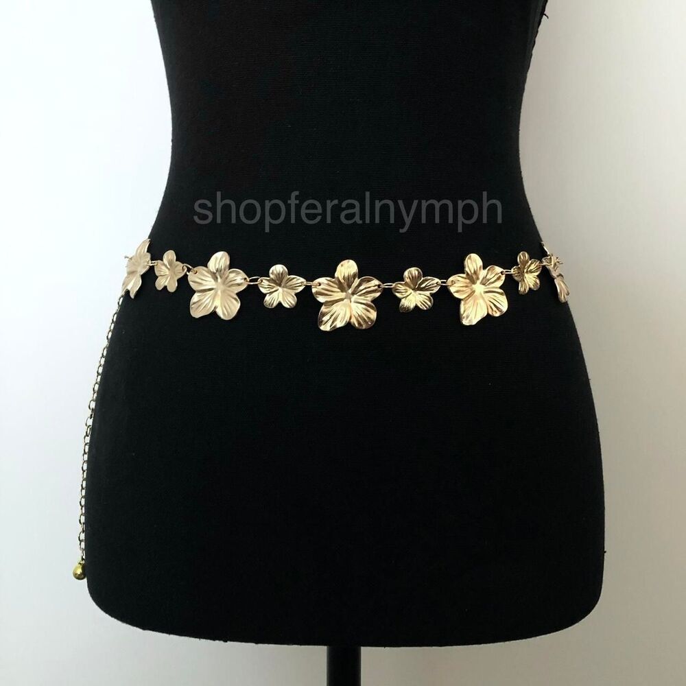 Vintage Y2K Boho Gold Flower Chain Belt, Fits 12.5–36 Inches, X7GA1179